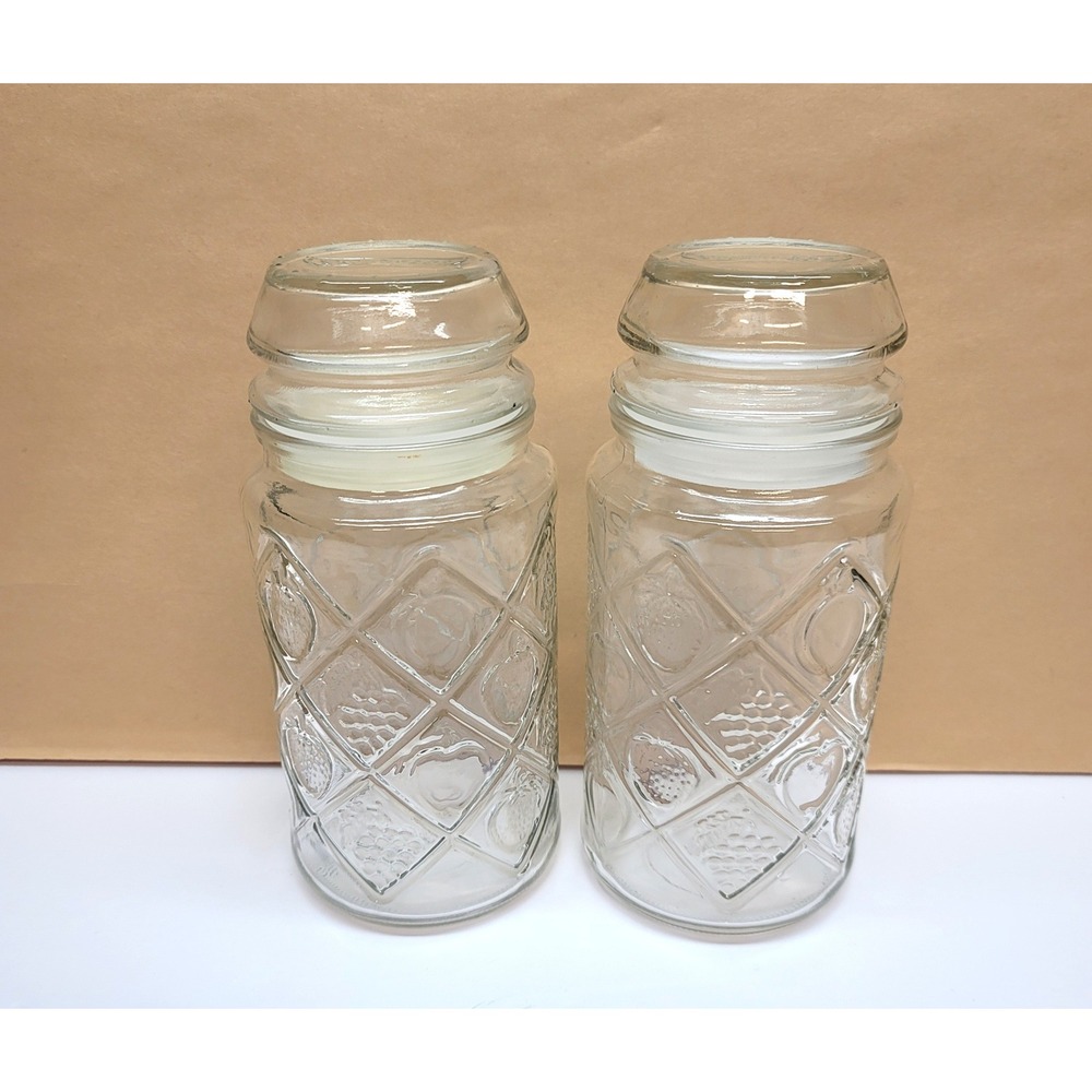 Anchor Hocking Smuckers Vintage Glass Jars Fruit Embossed Canisters Set of 2